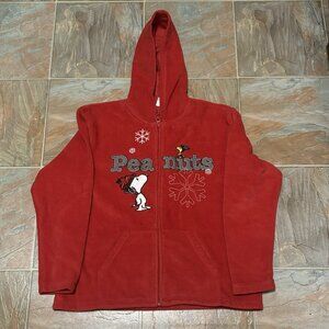 Women Size Large Peanuts Snoopy Woodstock Full Zip Red Fleece Jacket Snowflakes